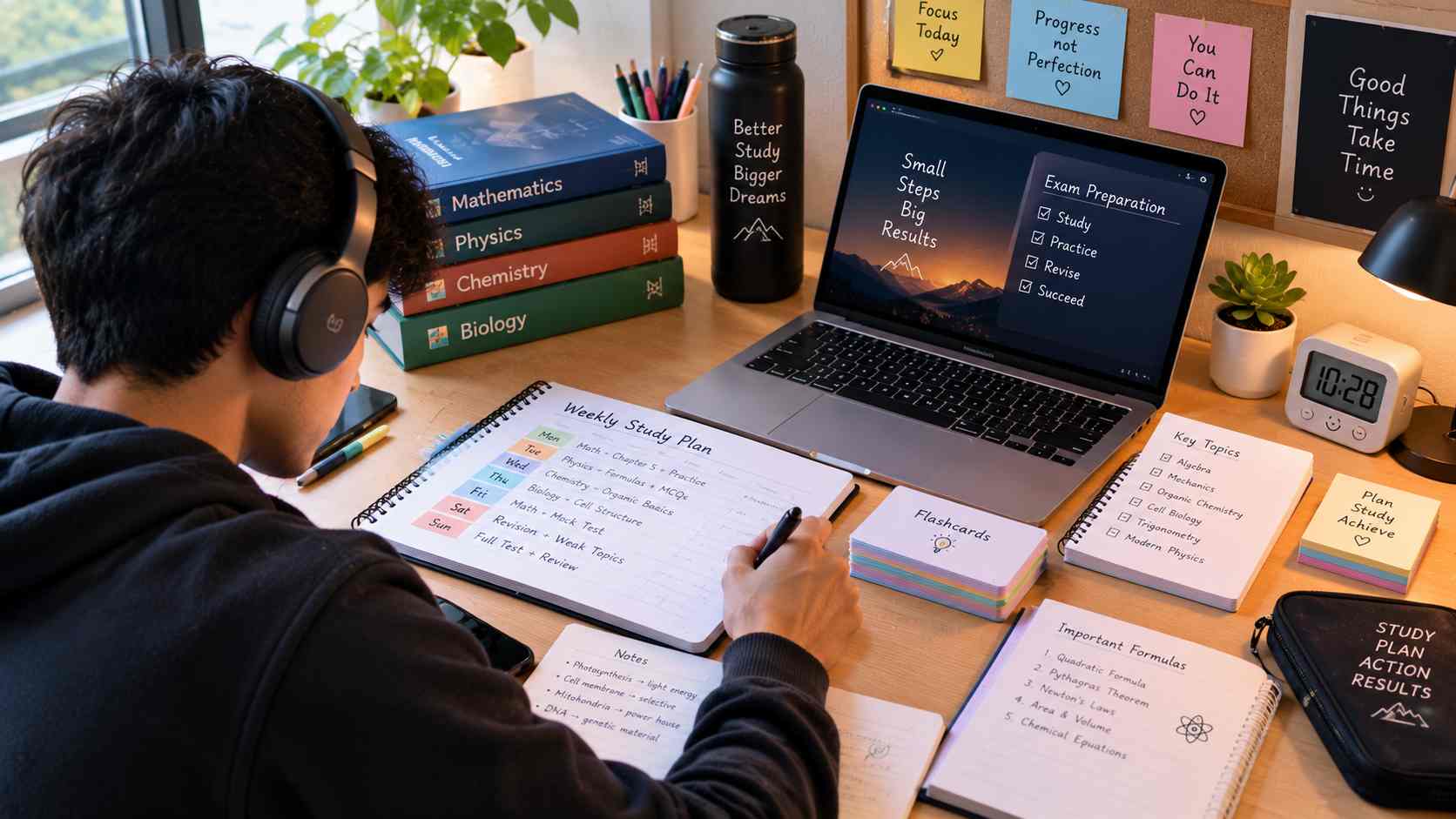 A student planning exam revision with a weekly calendar, textbooks, notes, flashcards, and a laptop on an organized study desk.