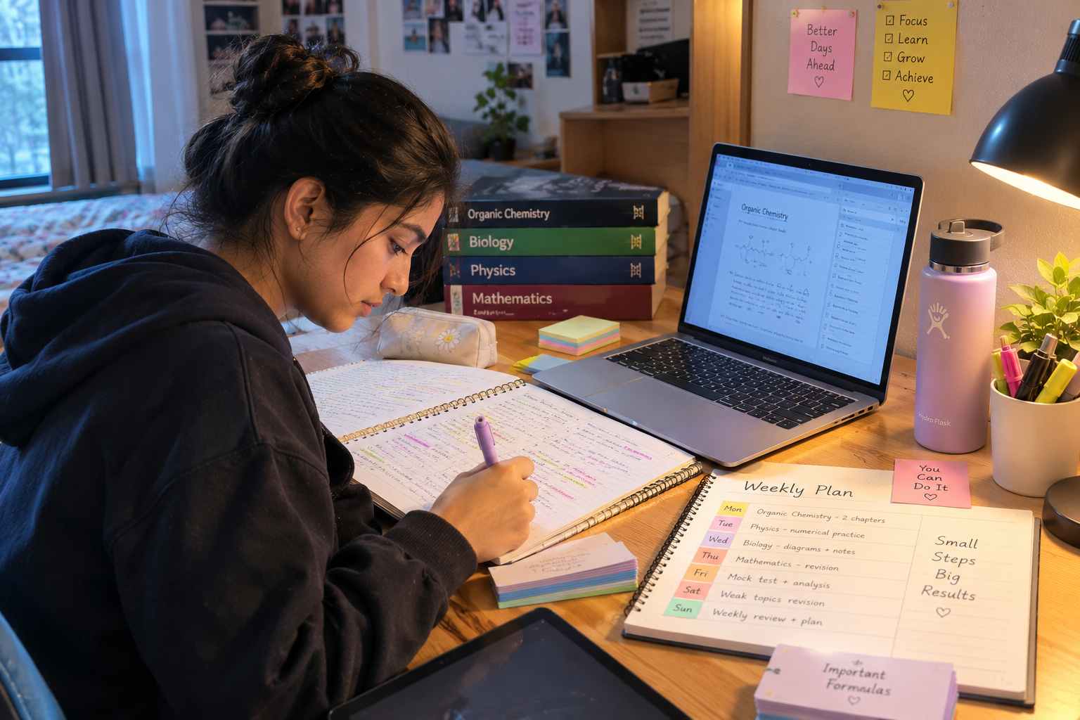 A college student organizing exam notes beside a weekly planner, water bottle, textbooks, and a warm desk lamp in a calm study space.