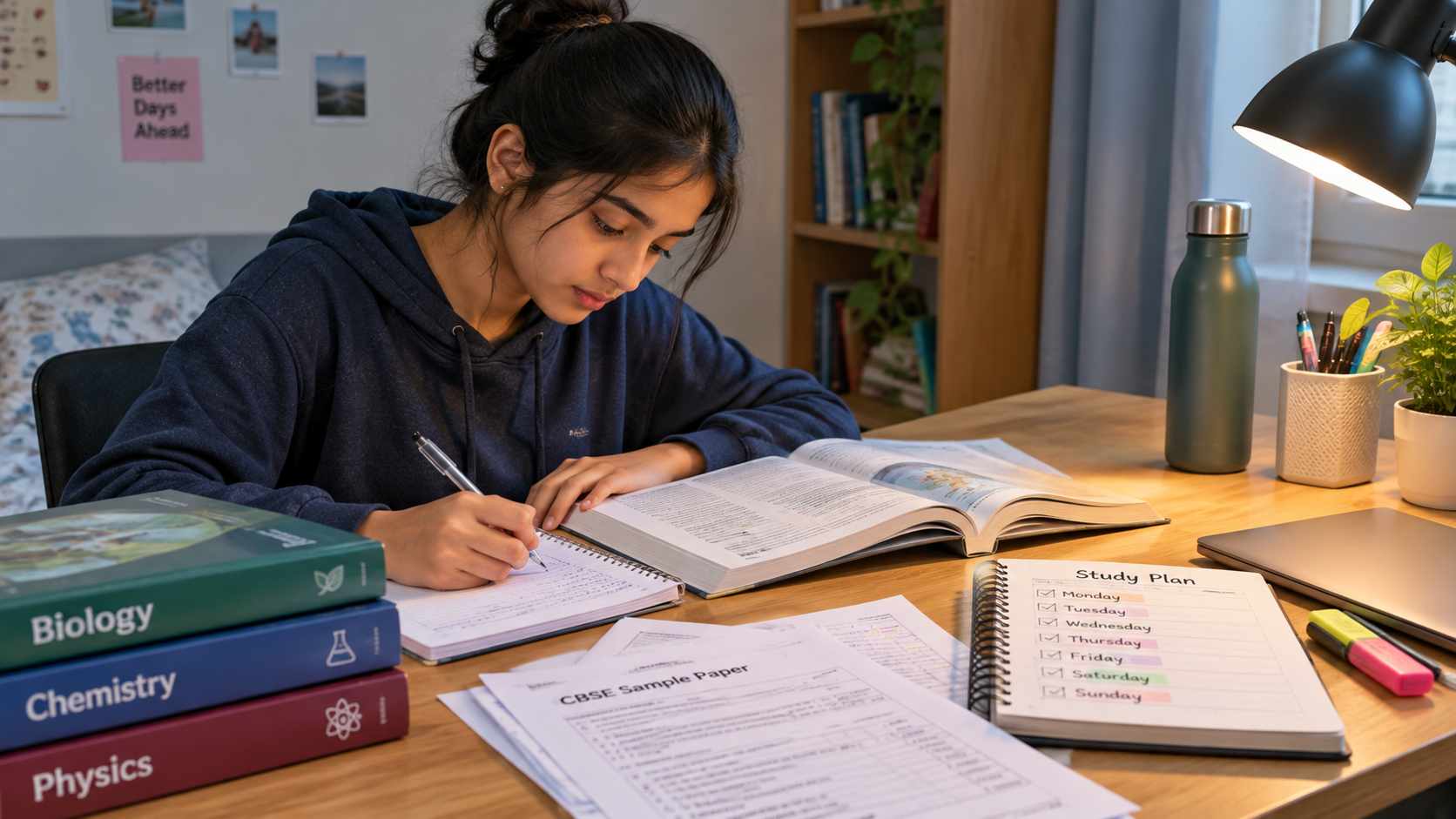 Student revising school textbooks and sample papers at a tidy study desk