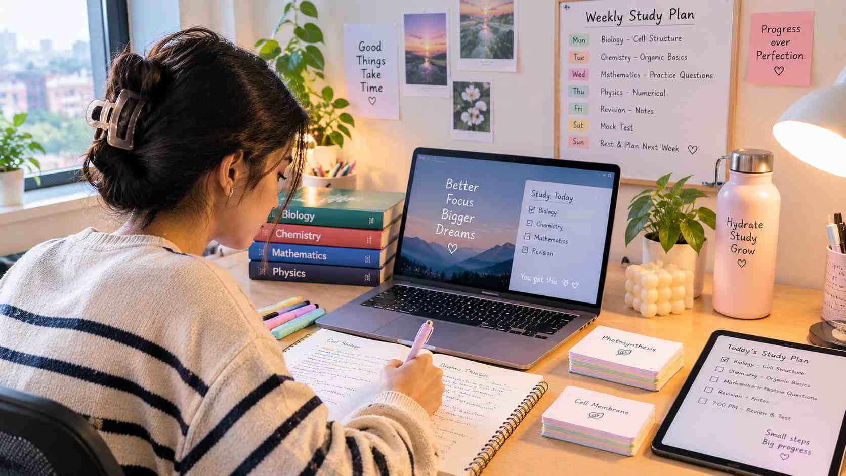 A female student studying effectively at a bright desk with textbooks, notes, flashcards, a laptop, and a focused study plan.