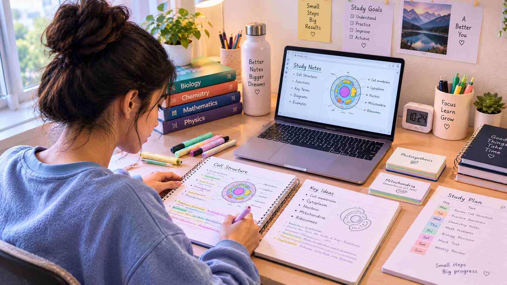 A student organizing colorful study notes, diagrams, and key ideas beside a laptop and textbooks at a tidy study desk.