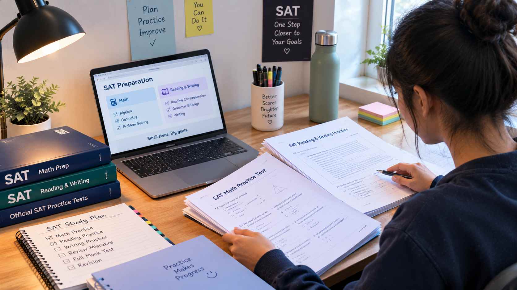 Student organizing SAT Math and Reading and Writing practice papers at a tidy study desk