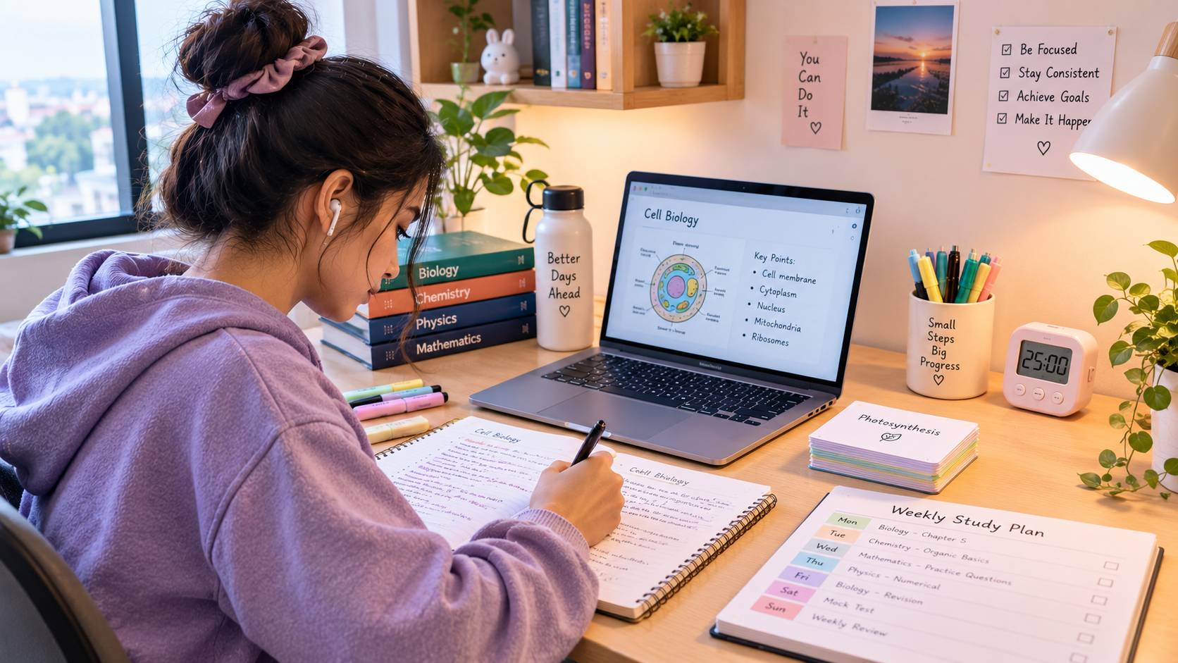 A female student studying consistently at a tidy desk with textbooks, flashcards, a laptop, and a weekly study schedule.