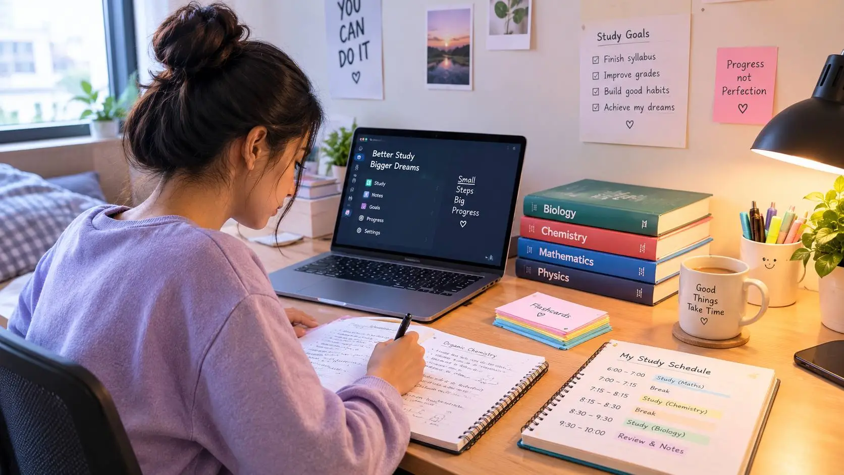A student studying at home at a clean desk with books, a laptop, notes, and a simple daily study schedule.