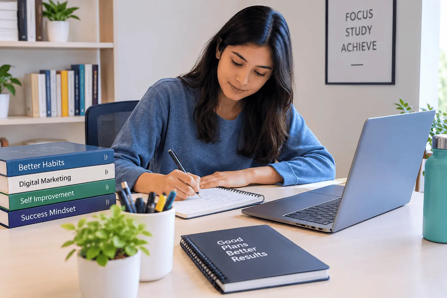 A focused student studying at a clean desk with books, a laptop, a notebook, and a distraction-free study environment.