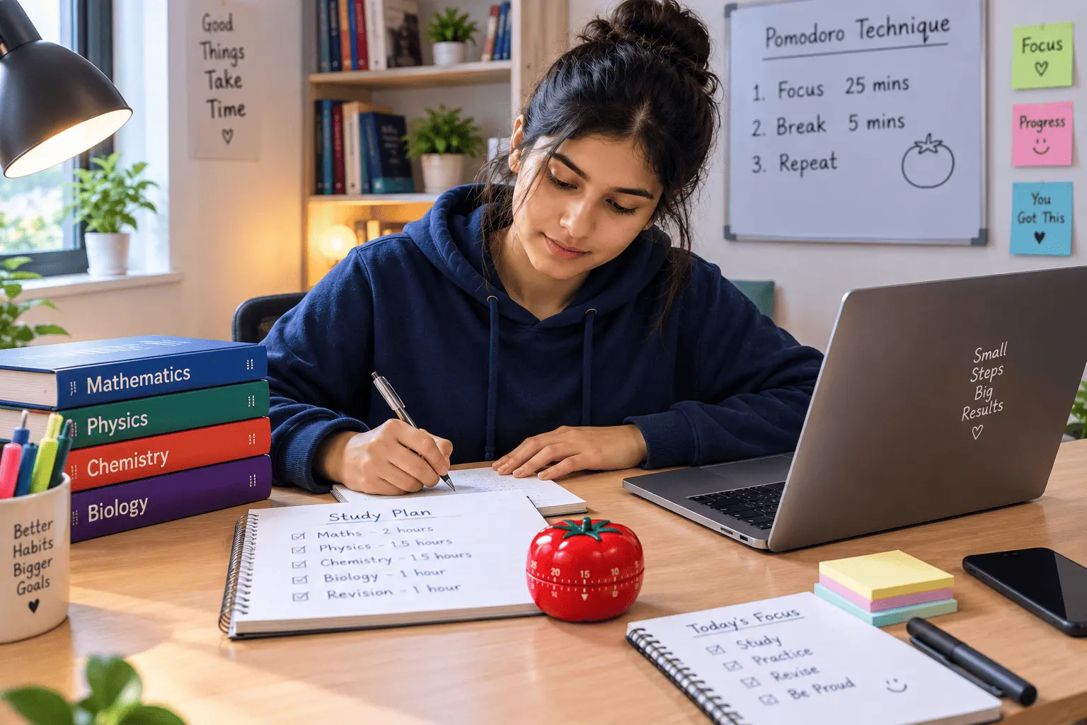 A student using a timer while studying at a desk with books, a laptop, and organized study notes.