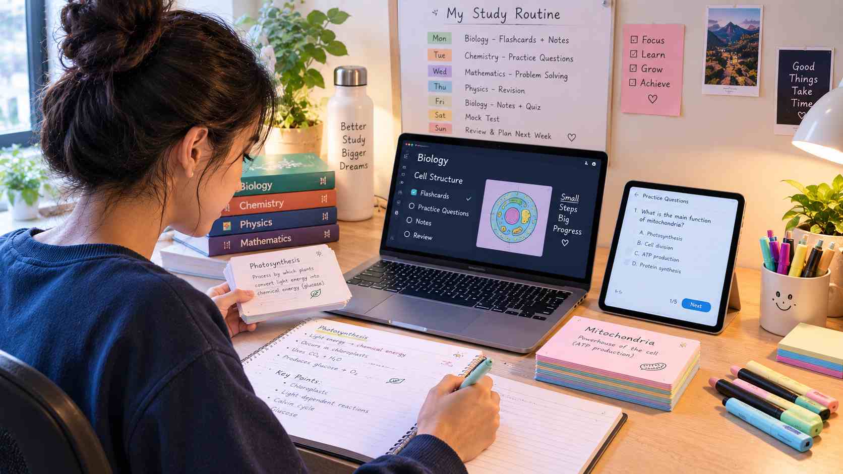 A student using flashcards, handwritten notes, practice questions, and a laptop while following a structured study routine.