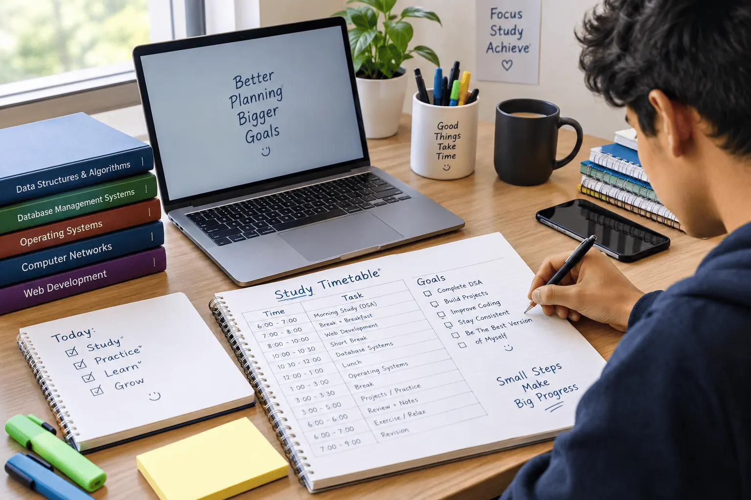 A student creating a study timetable at a desk with a planner, books, laptop, and organized study materials.
