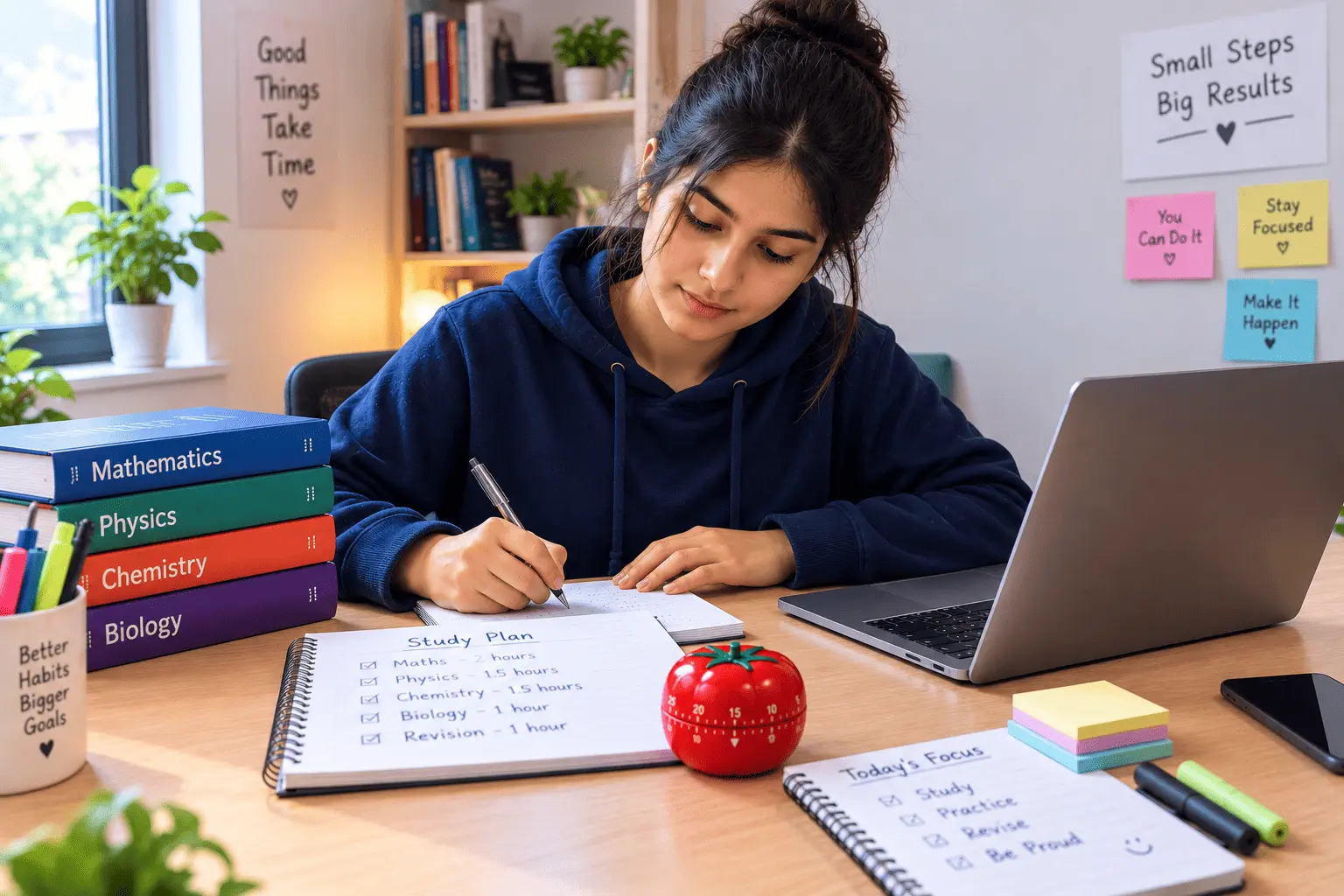 A student using a timer while studying at a clean desk with books, a laptop, a notebook, and organized study notes.