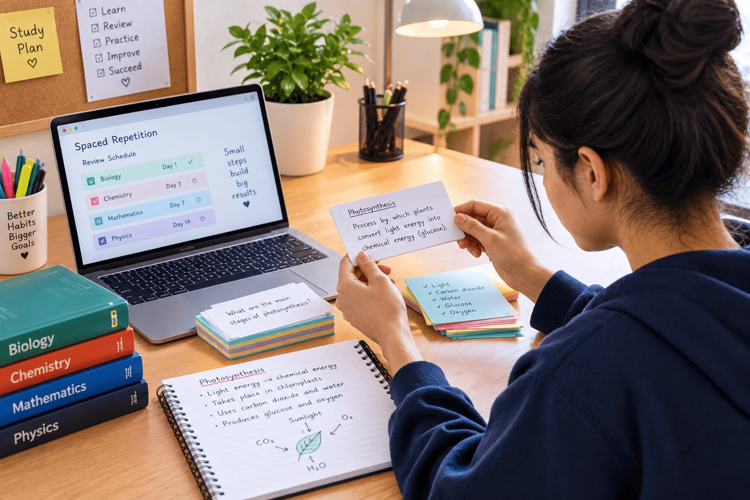 A student sitting at a desk with books and a laptop, starting a study session despite low motivation.