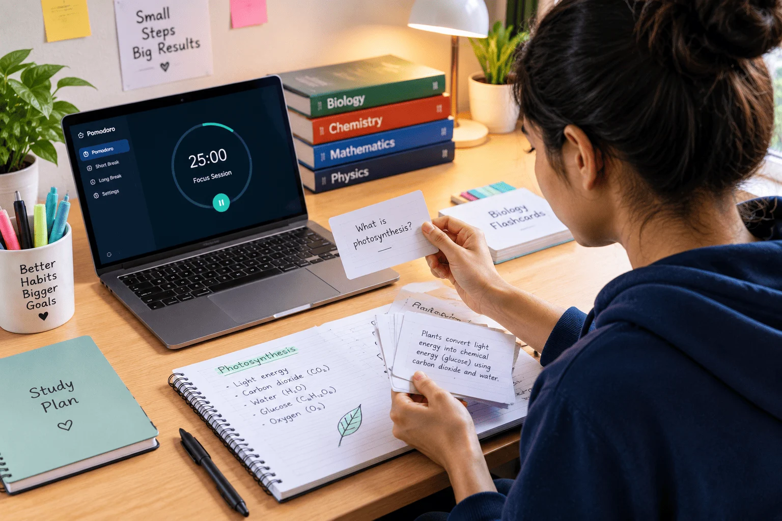 A student testing their knowledge with flashcards and handwritten notes at an organized study desk.