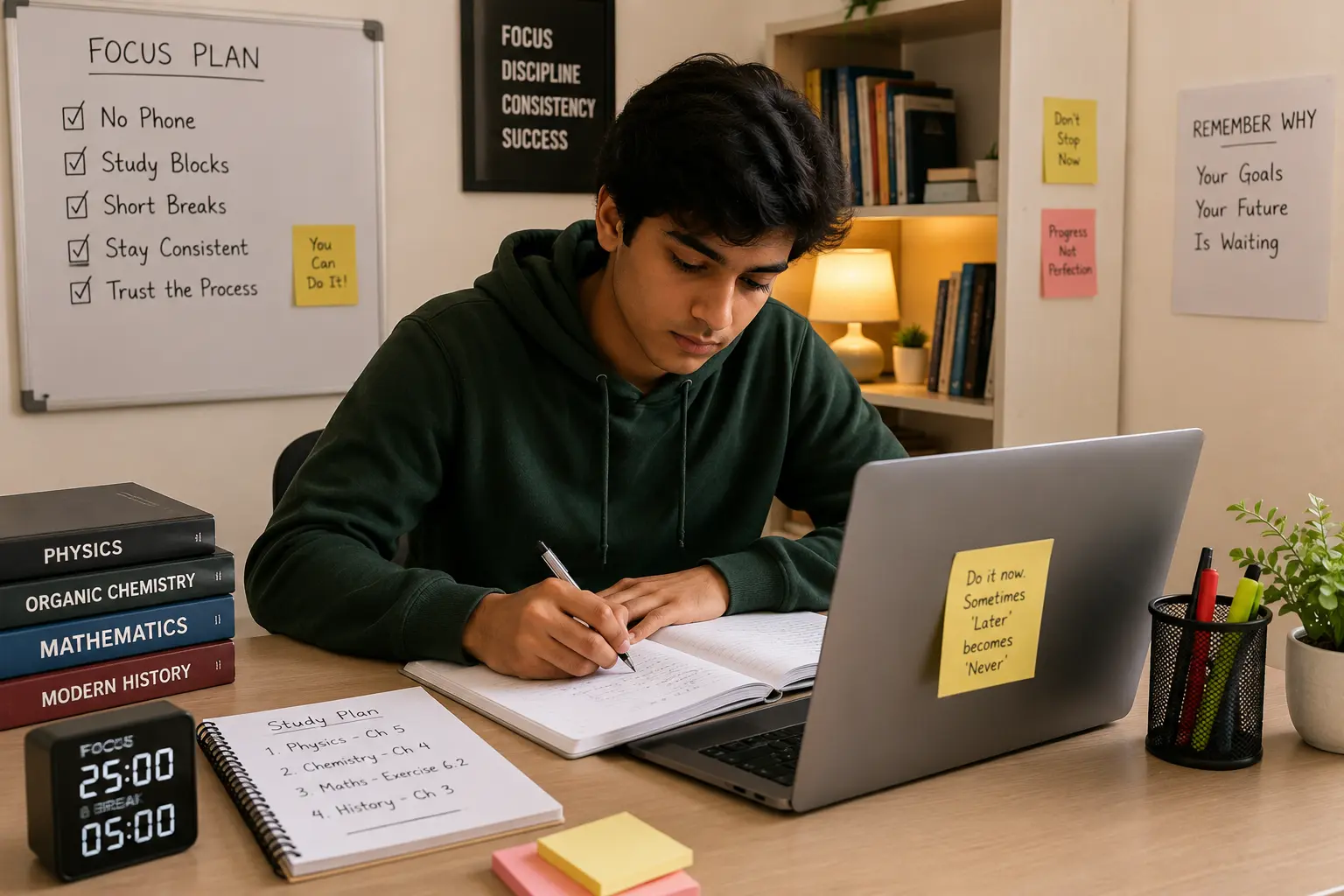 A student sitting at a desk with books and a laptop, preparing to study in a calm and organized room.